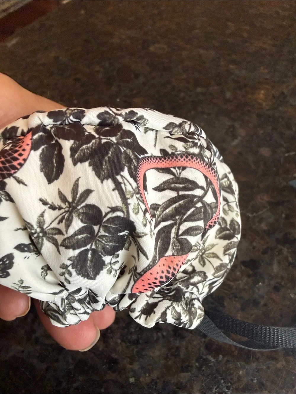 Source Unknown GG Cream Drawstring  Pouch with Pink Snake and Black Floral Print